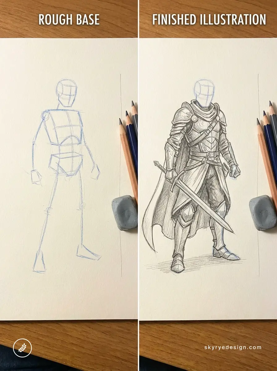 Pencil drawing process: rough base mannequin to finished detailed armored knight with sword.