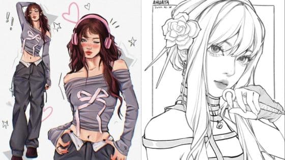 base drawing Artistic illustration of two anime-style characters: one in color with headphones and casual wear, the other in monochrome. | Sky Rye Design Artistic illustration of two anime-style characters: one in color with headphones and casual wear, the other in monochrome.