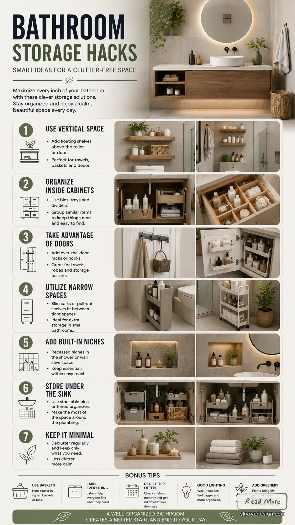 b85820d1-5be3-4de5-85c3-d29ebdfc4931 Infographic: Bathroom storage hacks — 7 space-saving tips: vertical shelves, cabinets, over-door racks, under-sink. | Sky Rye Design Infographic: Bathroom storage hacks — 7 space-saving tips: vertical shelves, cabinets, over-door racks, under-sink.
