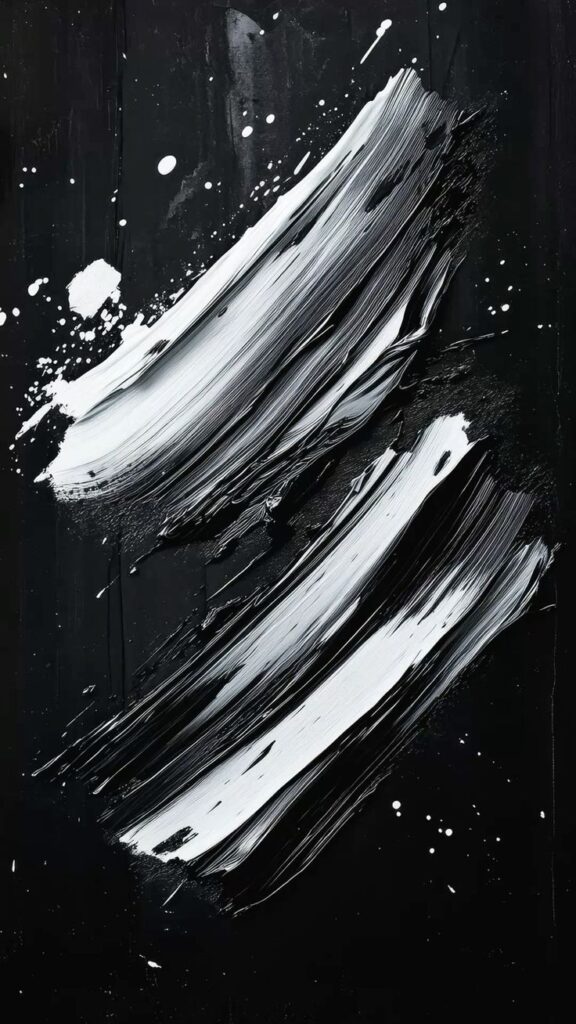 Abstract black and white brushstrokes on a dark canvas, creating a dynamic and bold modern art composition.