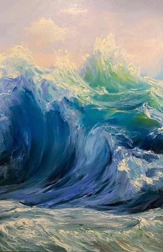 Painting of a powerful ocean wave crashing under a pastel sky, showcasing vibrant blues and greens in a dynamic scene.