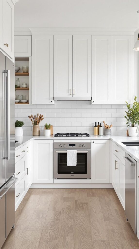 Modern white kitchen with subway tile backsplash, stainless steel appliances, and wooden accents.