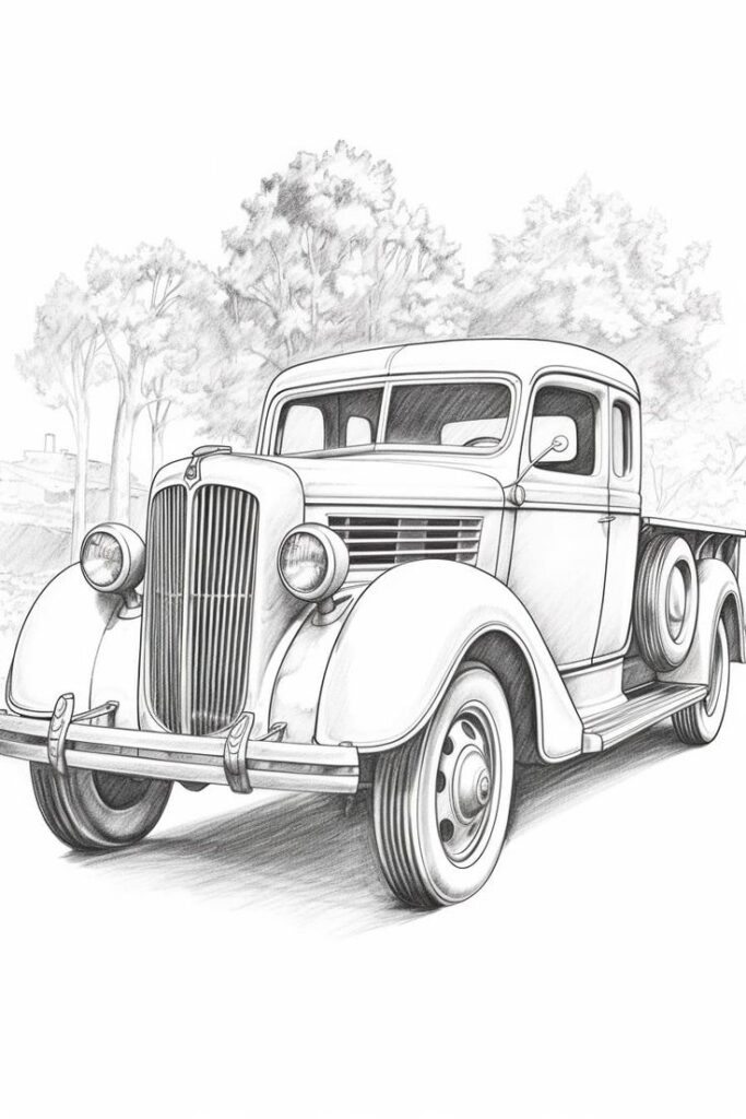 Vintage pickup truck illustration with detailed pencil shading, trees in the background. Ideal for classic car enthusiasts.