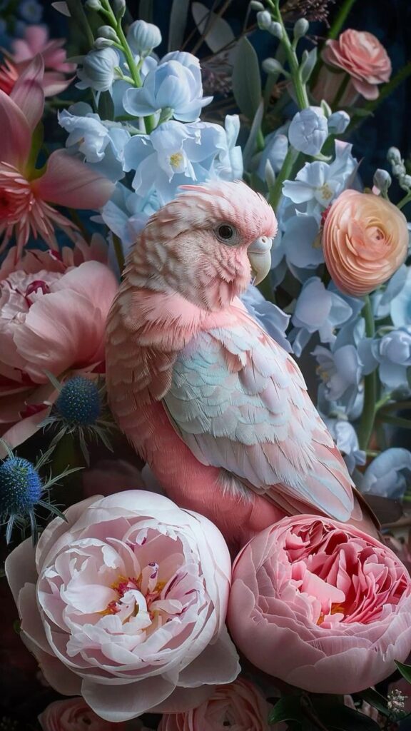 Pink parrot surrounded by vibrant flowers, including blue, pink, and white blossoms, creating a colorful nature scene.