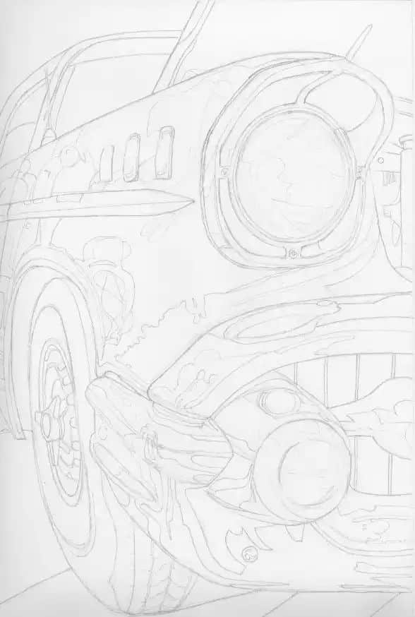 Pencil sketch of a classic vintage car front view, highlighting its headlight and bumper details. Retro automotive art.
