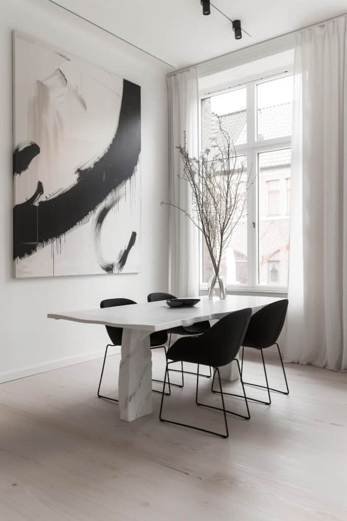 Minimalist dining room with black chairs, white marble table, large abstract painting, and tall window with sheer curtains.