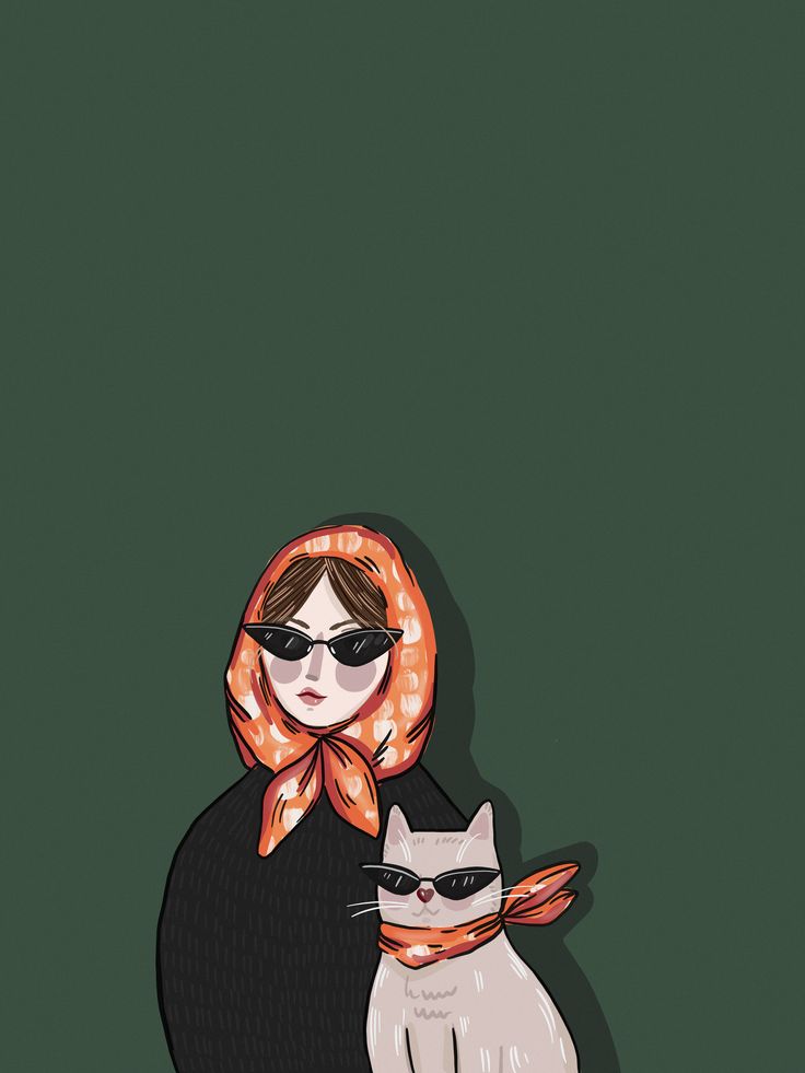 Illustration of a stylish woman and cat wearing sunglasses and scarves on a dark green background.