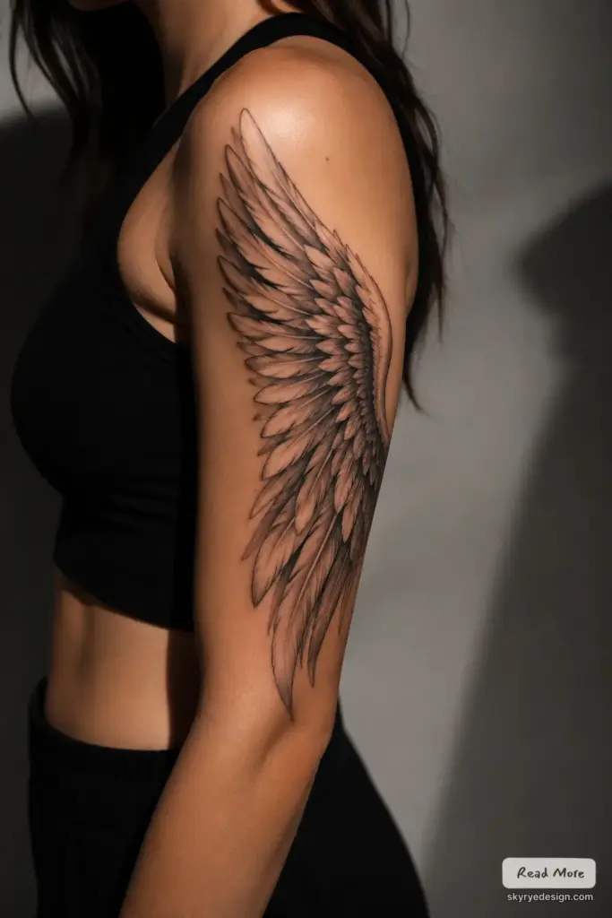 cfc9e40d-aa21-414f-94de-330d511fc756 Angel wing tattoo on woman's upper arm and shoulder, realistic black and gray feather design, close-up view | Sky Rye Design Angel wing tattoo on woman's upper arm and shoulder, realistic black and gray feather design, close-up view