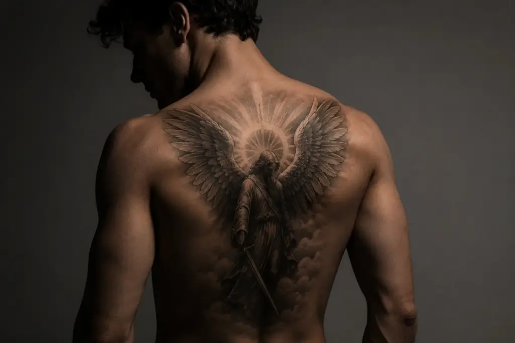 8fd28787-5aad-4172-80f6-29f9c052771d Male bare back with detailed black-and-gray angel tattoo spanning shoulders, wings, halo and sword over clouds. | Sky Rye Design Male bare back with detailed black-and-gray angel tattoo spanning shoulders, wings, halo and sword over clouds.