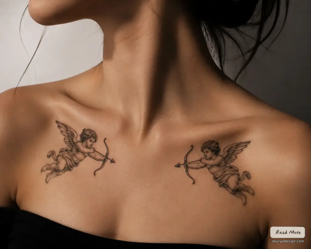 ffcab6cf-4dc0-440b-bfe1-3319a4588264 Pair of vintage cherub (Cupid) black-ink collarbone tattoos on woman, detailed antique-style chest designs | Sky Rye Design Pair of vintage cherub (Cupid) black-ink collarbone tattoos on woman, detailed antique-style chest designs