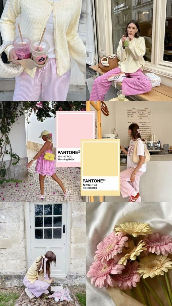 Fashion collage with yellow and pink tones, featuring pastel outfits, drinks, and flowers.
