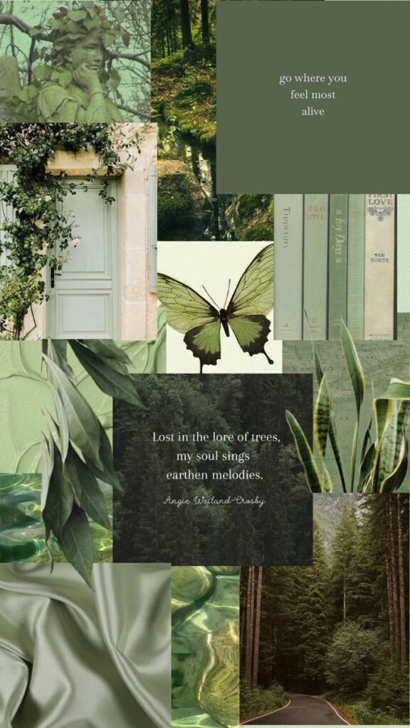 Nature-themed collage with green elements, butterfly, forest, books, and inspirational quotes for a serene, earthy vibe.