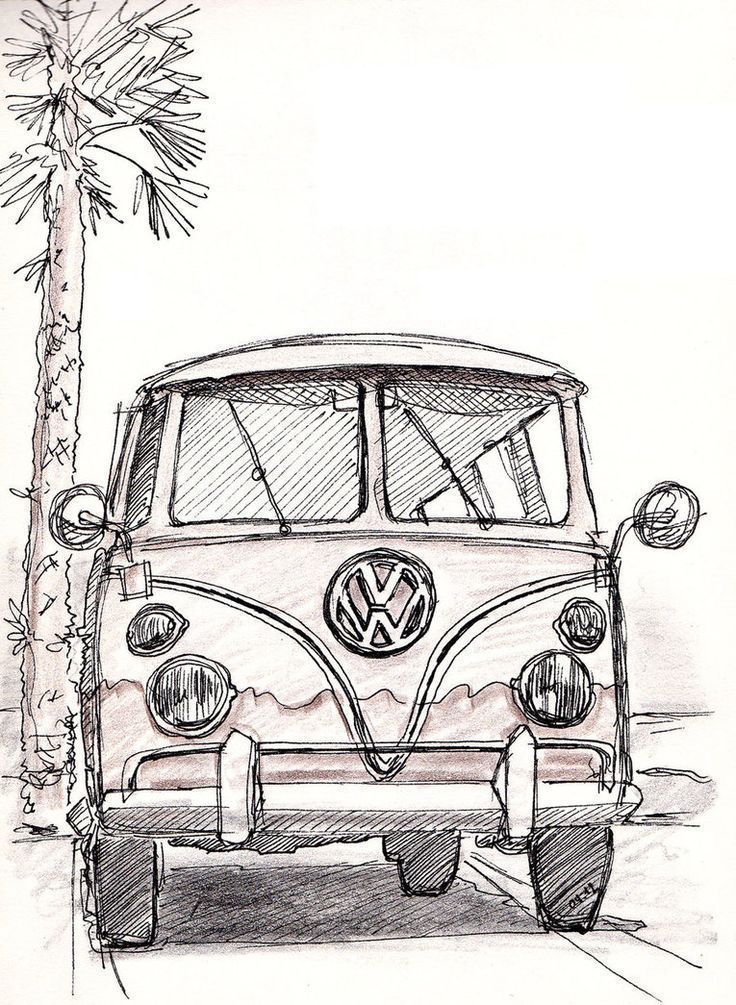 Vintage VW camper van sketch beside a palm tree, capturing nostalgia and adventure.