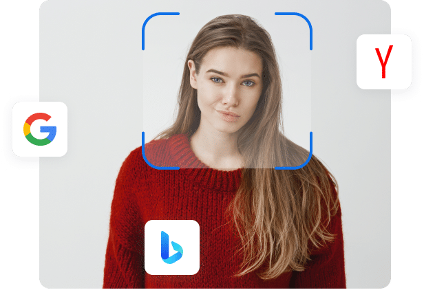 Woman in red sweater with search engine logos, face detection frame, and neutral background.