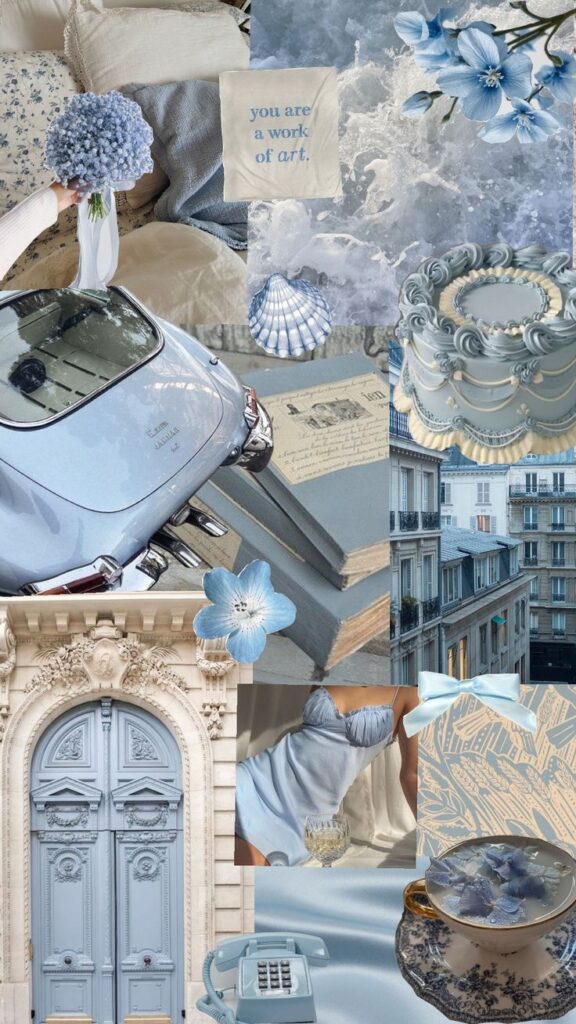 Collage featuring vintage items, blue flowers, a classic car, elegant architecture, and art with a calming blue aesthetic.