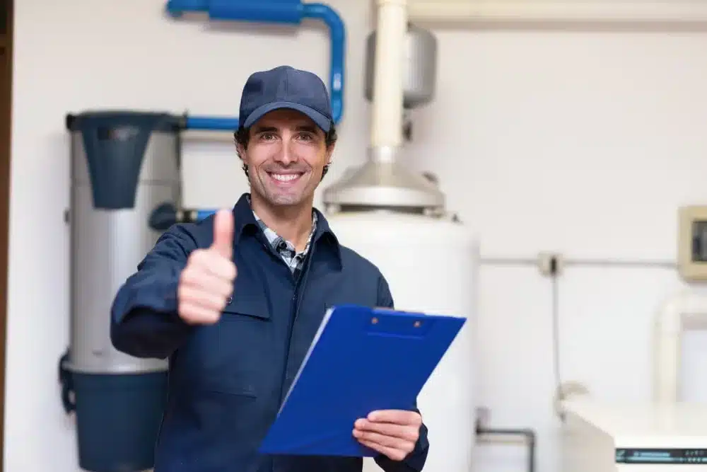 Man in a blue uniform with clipboard gives thumbs up in a utility room.