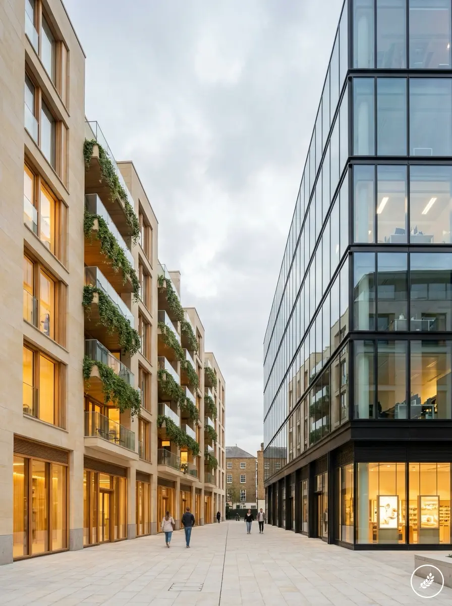 Pedestrian-friendly mixed-use urban plaza with glass office tower and residential building featuring green balconies, people walking.