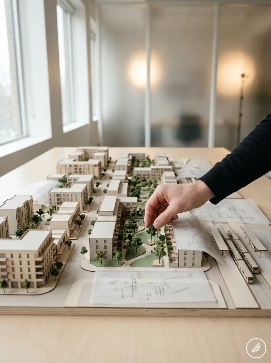 Hand adjusting miniature tree on architectural scale model of a sustainable residential neighborhood masterplan