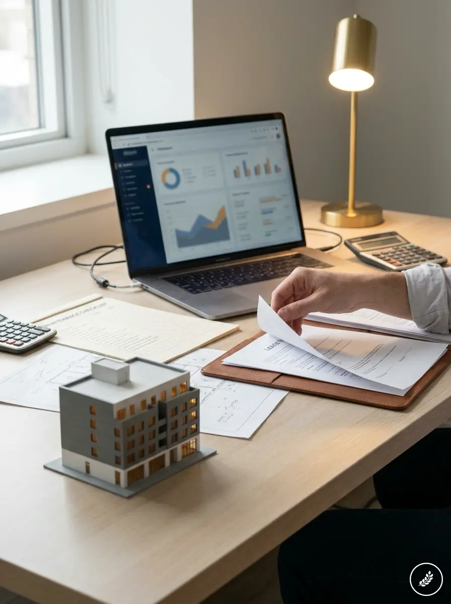 Real estate agent reviewing property documents and financial charts on laptop with building model and calculator on desk