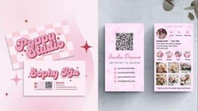 Pink business cards with floral and checkered designs, featuring QR codes and social media contact details.