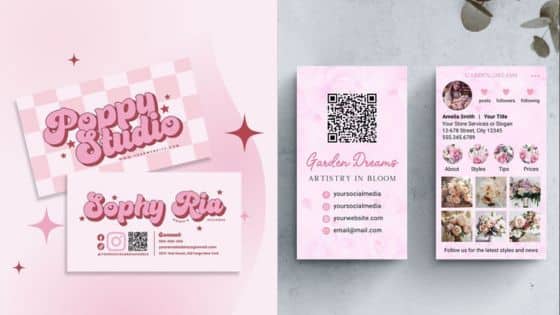 business card design Pink business cards with floral and checkered designs, featuring QR codes and social media contact details. | Sky Rye Design Pink business cards with floral and checkered designs, featuring QR codes and social media contact details.