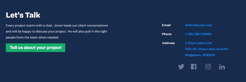 Contact page with Let's Talk headline, project inquiry button, and contact details including email, phone, and address.