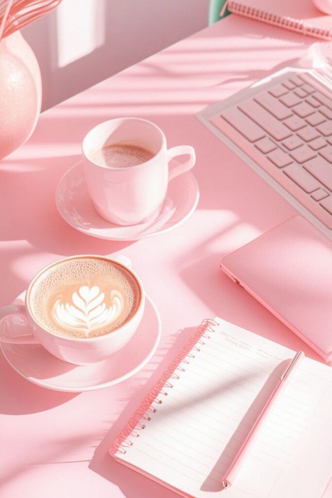Pink workspace with latte art coffee, notebook, pen, and keyboard. Elegant and minimalistic office setup.