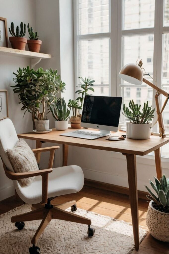 Modern home office with a wooden desk, computer, chair, and various potted plants by a large window. Cozy workspace setup.