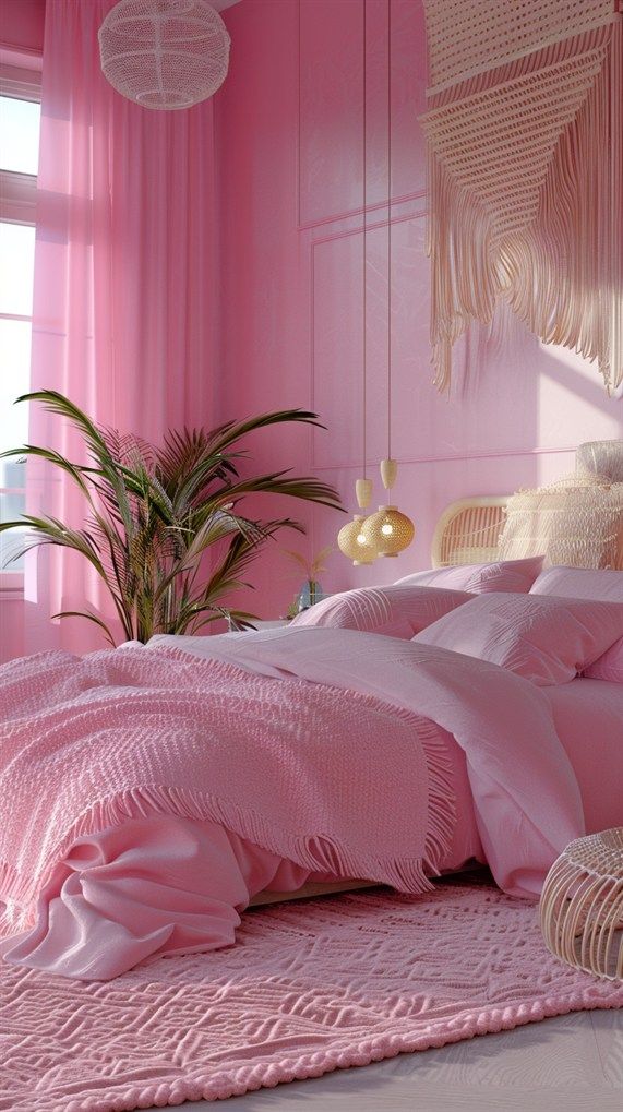 Cozy pink bedroom with pastel bedding, woven decor, plant, and soft lighting for a relaxing ambiance.