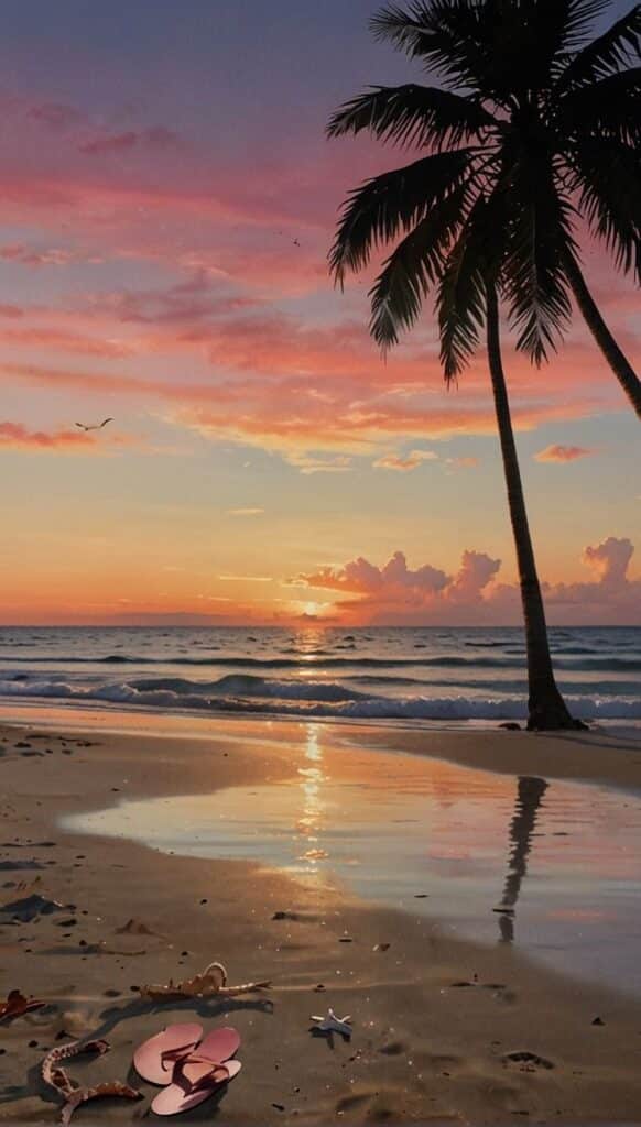 Tropical beach at sunset with palm tree, colorful pink sky, and waves reflecting the sun's glow.