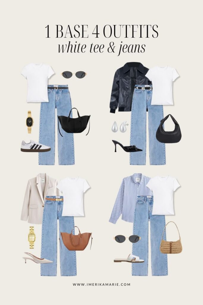 c49b69fd-5cf7-4d5c-a288-61ff0310cf46 Four stylish outfits using a white tee and jeans, featuring various accessories like jackets, bags, and sunglasses. | Sky Rye Design Four stylish outfits using a white tee and jeans, featuring various accessories like jackets, bags, and sunglasses.