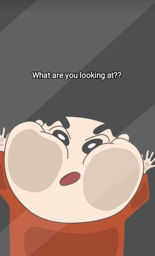 Cartoon character with large cheeks and curious expression saying What are you looking at? on a grey background.