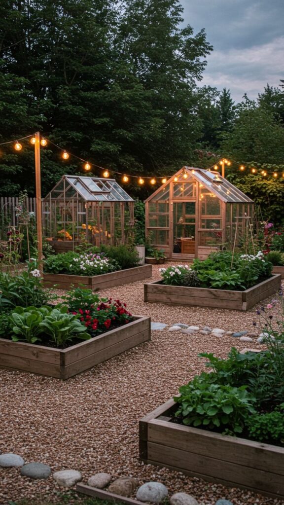 c53c24fc-9092-4141-901e-f2df125ba23f Cozy garden with wooden greenhouses and string lights at dusk, surrounded by lush vegetable beds. | Sky Rye Design Cozy garden with wooden greenhouses and string lights at dusk, surrounded by lush vegetable beds.