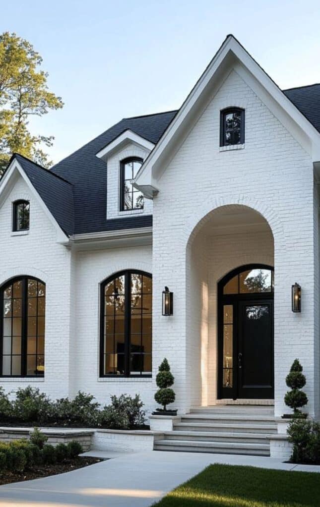 Elegant white brick house with black-framed windows, dark roof, and manicured lawn under a clear blue sky.