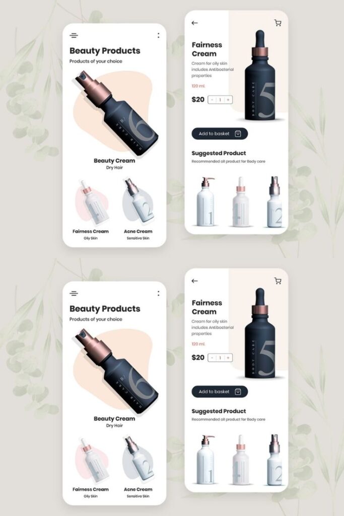 Mobile app design showcasing beauty products and options to add fairness cream to cart.