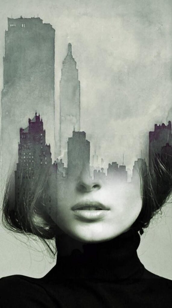 Surreal image of a woman's face blending with city skyline, symbolizing urban identity and dreams.