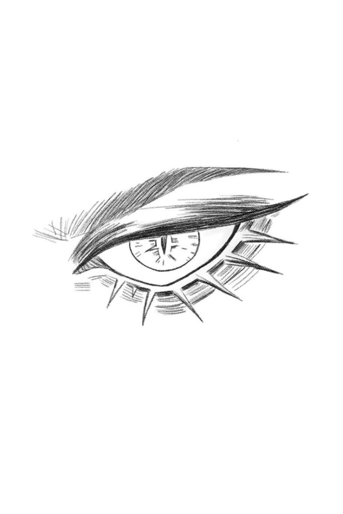 Black and white sketch of a detailed eye with long lashes, showcasing artistic shading and line work.