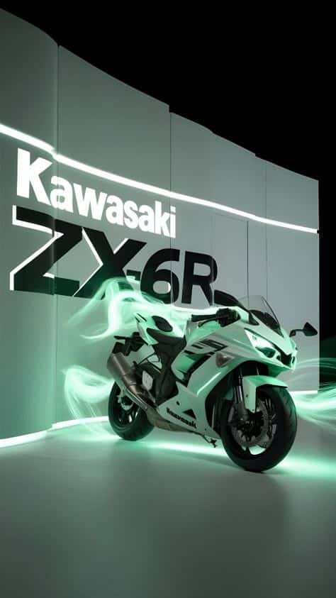 Kawasaki ZX-6R motorcycle displayed with glowing accents in a futuristic setting.