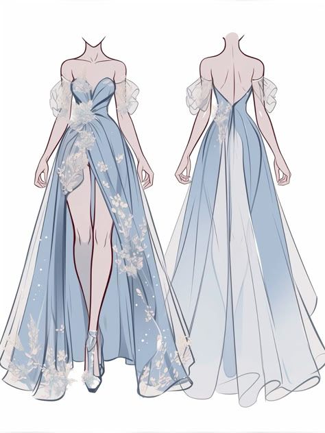 Elegant blue evening gown with floral accents, off-shoulder design, and high slit, shown front and back.