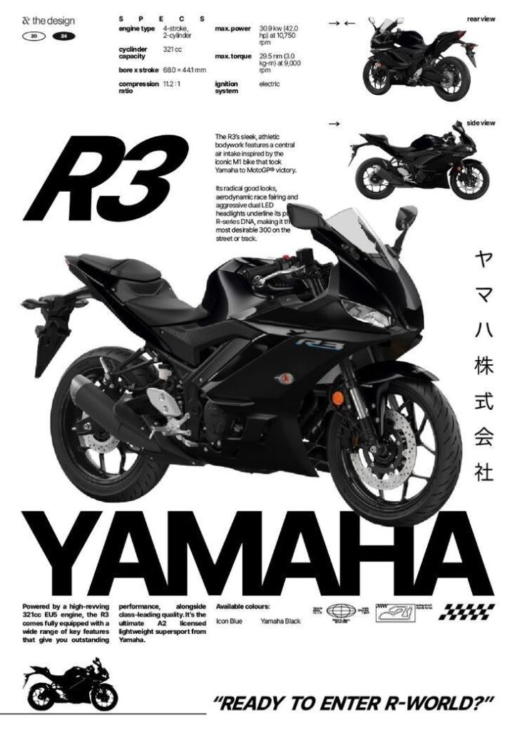 Yamaha R3 motorcycle, black model with 321cc engine, aerodynamic design, side and rear view included.