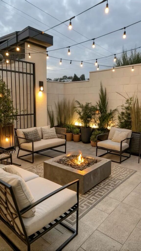 Cozy outdoor patio with string lights, modern furniture, and a central fire pit for a warm and inviting atmosphere.