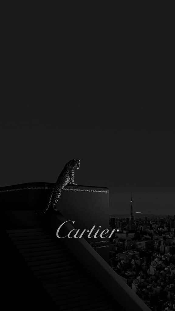 Leopard atop a dark building with city skyline; Cartier branding in elegant font.