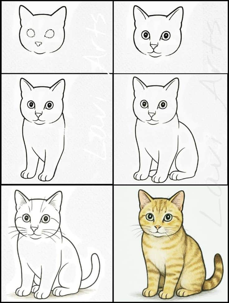 Step-by-step guide on how to draw a realistic cat easily, from sketch to full-color illustration.