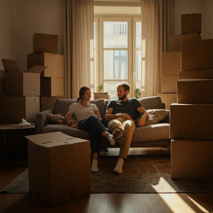 Couple relaxing on a couch among moving boxes in a sunlit living room.
