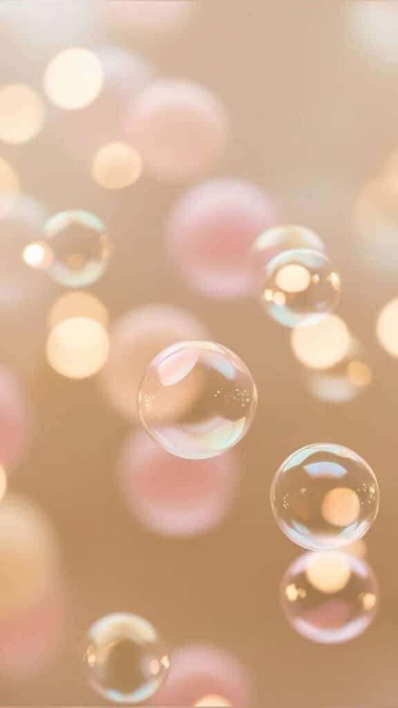 Delicate floating soap bubbles with pink and gold bokeh background, soft and dreamy aesthetic.