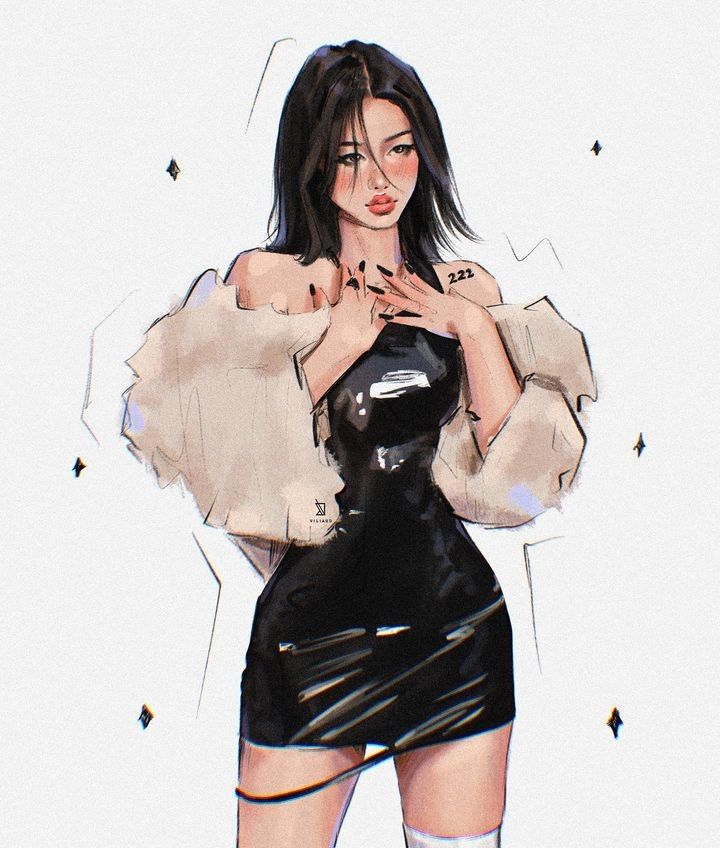 Illustration of a fashionable woman in a black dress with fur sleeves, elegant pose, artistic style.