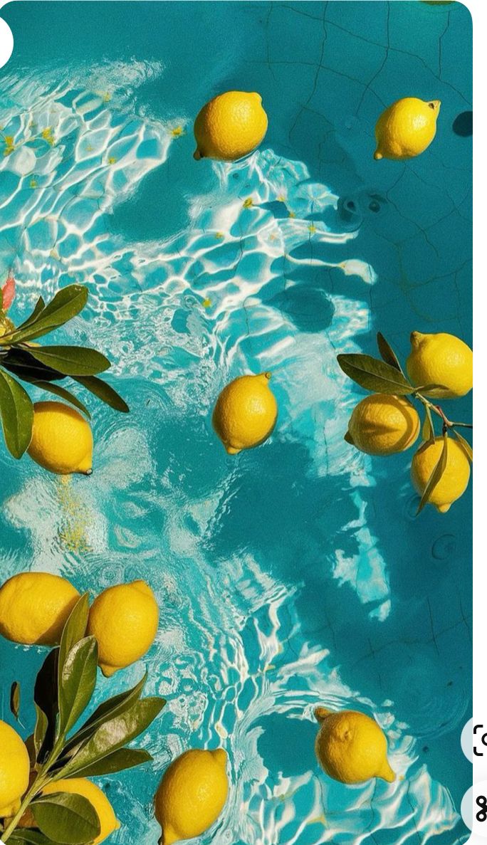 Lemons floating in a clear blue pool, creating a refreshing and vibrant summer scene.