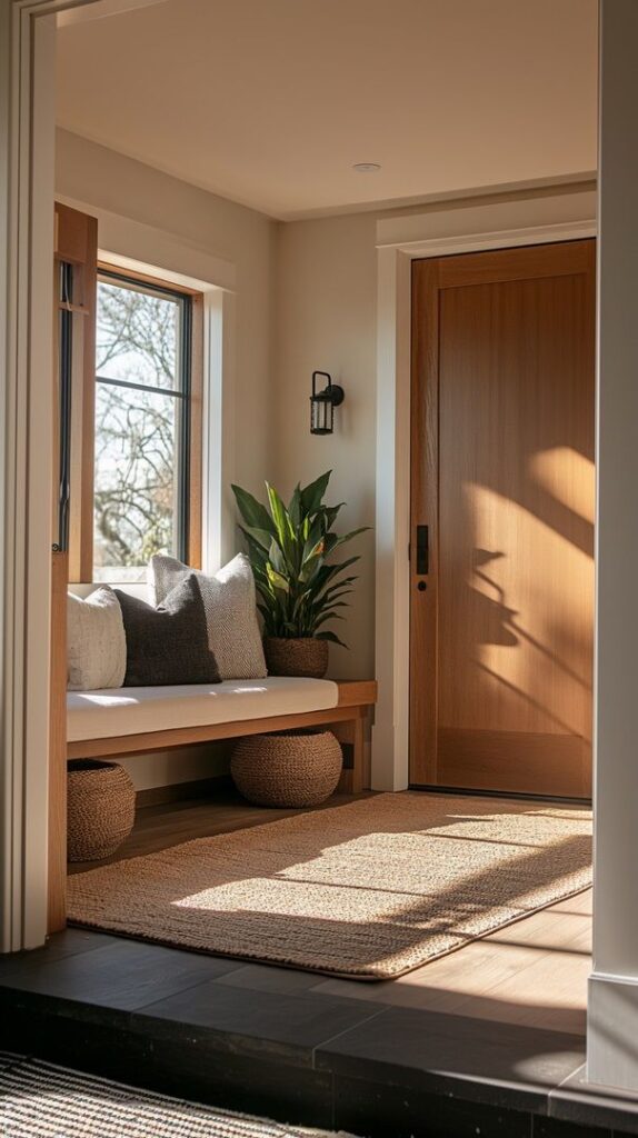 Bright entryway with wooden door, cozy seating, pillows, and plants. Sunlit modern interior design enhances warmth.