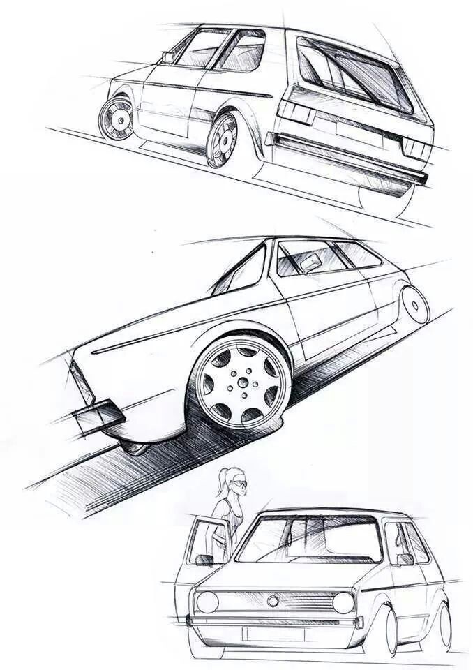 Hand-drawn car sketches showcasing various angles and perspectives.