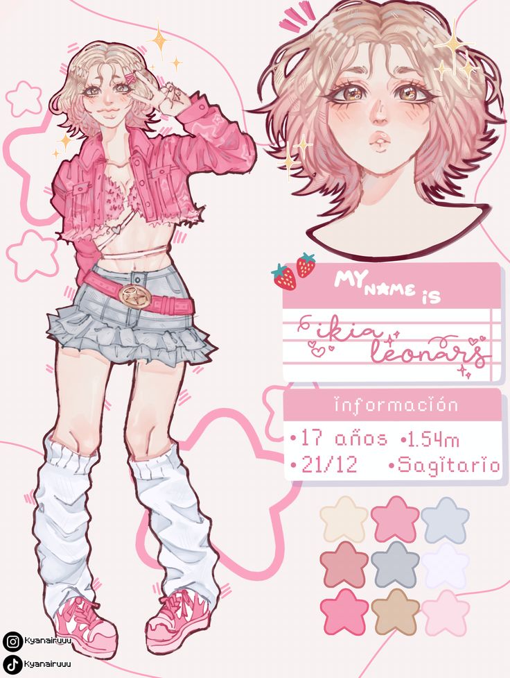 characterdesigninspiration oc originalart Cute anime-style character with pink jacket, skirt, and sneakers, accompanied by info card and pastel colors. | Sky Rye Design Cute anime-style character with pink jacket, skirt, and sneakers, accompanied by info card and pastel colors.